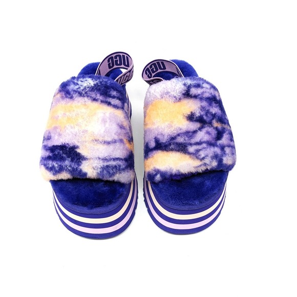 Ugg Disco Marble Slide Slippers Womens 9 Sheepskin Violet Night Purple Tie Dye - Picture 6 of 11